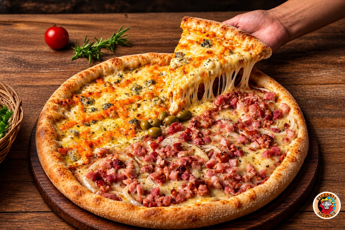 Pizza da Art Pura sobre tábua de madeira, com uma fatia sendo servida