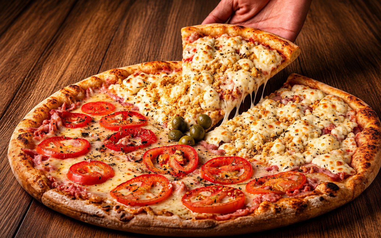 Pizza da Art Pura sobre mesa de madeira, com uma fatia sendo servida