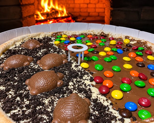 Pizza doce meio a meio da Art Pura, com chocolate e confeitos, diante do forno aceso